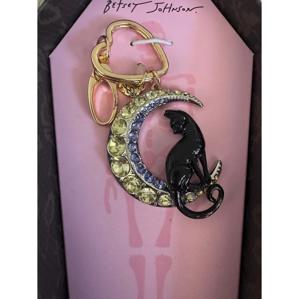 Betsey Johnson Halloween Black Cat Crescent Moon Bag Charm Keychain Coffin Box